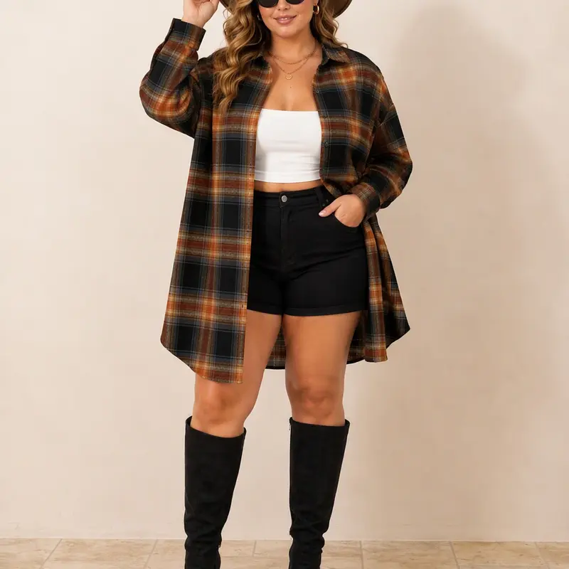 IN'VOLAND Women's Plus Size Longline Checkered Gingham Blouse - Drop Shoulder, Basic, Cute, Oversized Loose Fit Button Down Shacket Top (Plus Size Women's Clothing)