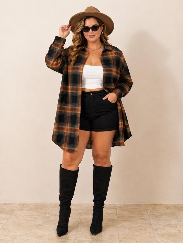 IN'VOLAND Women's Plus Size Longline Checkered Gingham Blouse - Drop Shoulder, Basic, Cute, Oversized Loose Fit Button Down Shacket Top (Plus Size Women's Clothing)
