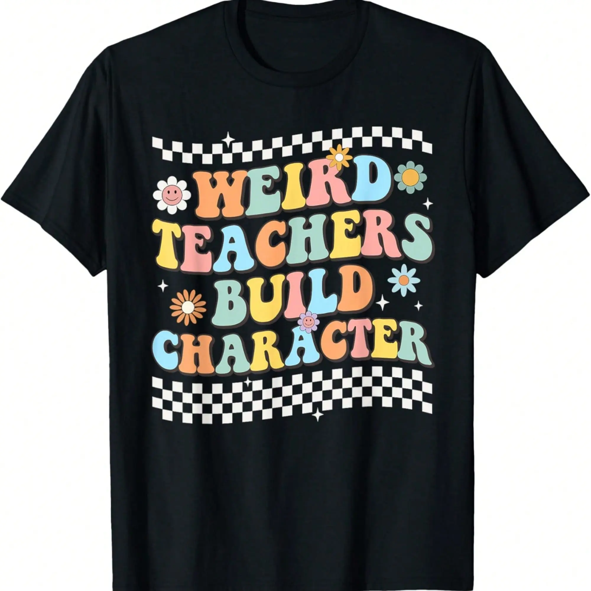 Men's 100% Cotton Casual Short-Sleeve Round Neck T-Shirt, Vintage Funny Teacher Sayings Design, Weird Teachers Build Character Theme, Golf Gift Top, Tshirt, Shortsleeve, Fabric