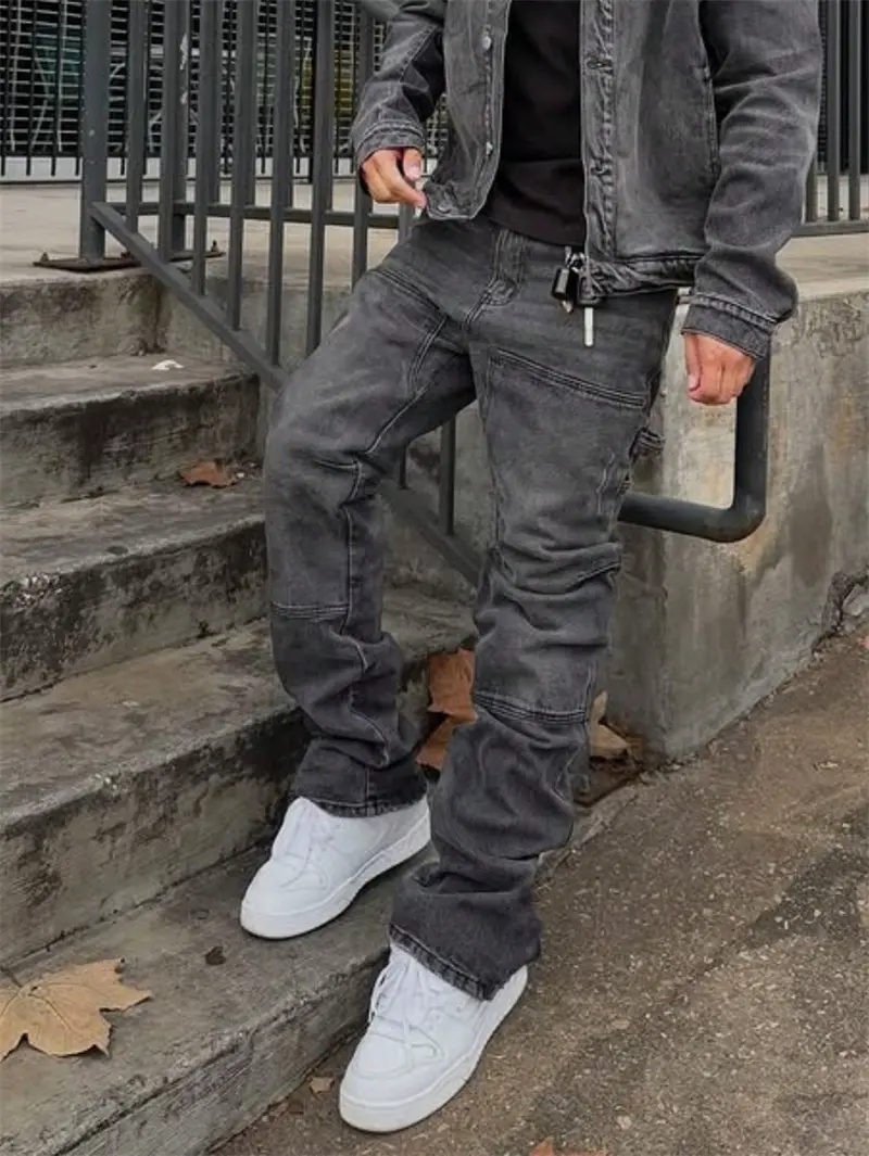 New Men Stylish Regular Fit Jeans Men's Solid Splice Straight Leg Jeans, Regular Fit Casual Denim Streetwear Pants