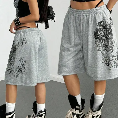 Women's Vintage Gothic Print Elastic Waist Sweat Cropped Shorts, Grey Loose Baggy Casual Y2K Streetwear Style, Perfect for Party & Daily Wear, Fashion
