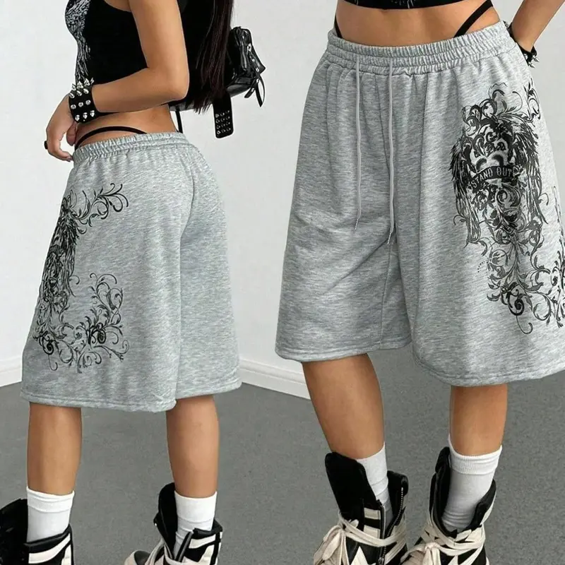 Women's Vintage Gothic Print Elastic Waist Sweat Cropped Shorts, Grey Loose Baggy Casual Y2K Streetwear Style, Perfect for Party & Daily Wear, Fashion