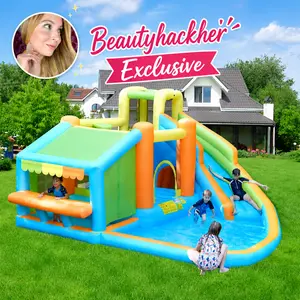 【Beautyhackher Exclusive】Yaheetech 8-in-1 Inflatable Bounce House with Splash Pool, Slide, Climbing Wall, and Market Stand for Kids Ages 3-10, 520W Blower, Portable & Multifunctional Playground Set summervibes