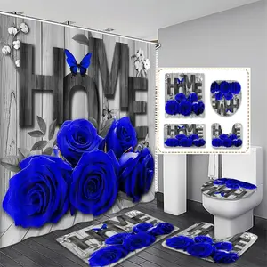 Rose & Butterfly Pattern Bathroom Decor Set, 1 Set Waterproof Shower Curtain with Hooks/4 Counts Bath Mat Set, Bathroom Decor Supplies