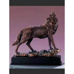 212 MAIN Bronze-Coated Howling Wolf Statue (Model F53214) - 12x13 in., High-Detail Naturalistic Wildlife Art Collectible, Indoor Decoration, Gift Ornament