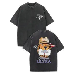 Michelob Ultra American Dog Vintage Tee, 100% Cotton Washed, Front Logo Back Flag Dog Art, Unisex Regular Fit, Gray/Dark Gray, Holiday & Back To School Gift Top Womenswear