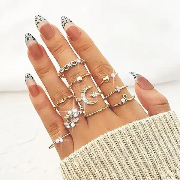 B 10psc silver/Gold Stackable Rings for Women Trendy Cute Rings Stuff Boho Moon Star Butterfly Knuckle Ring Set Dainty Gold Rings Pack Jewelry Gifts---(Even Size)