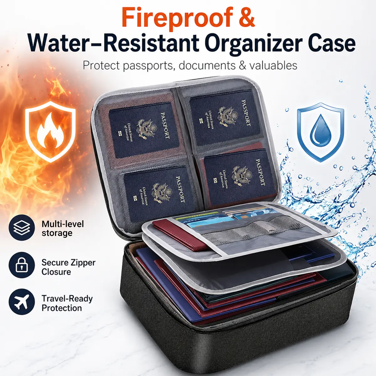 Fireproof Storage Organizer Case, 3-Layer Soft Money Safe Coin Organizer Bag for Cash,Card,Passport,Document, Portable Organizer Bag with Water-Resistant, durable travel accessory, Travel Essentials Organization, home, office, safe box, storage cabinet