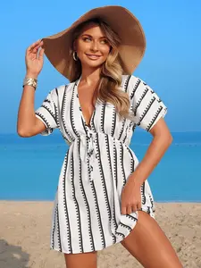 Women's Beach Ocean Striped Print V Neck Waist Cinched Short Sleeve Casual Vacation Dress, Swimsuit Cover-Up, Summer Wear