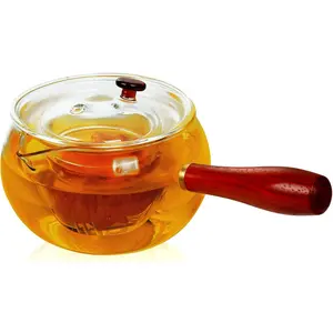 WHJY Teapot with Infuser for Loose Tea, Small Clear Tea Kettle for Stove Top, Clear Japanese Tea Kettle with Wooden Handle Kyusu Teapot - 17oz
