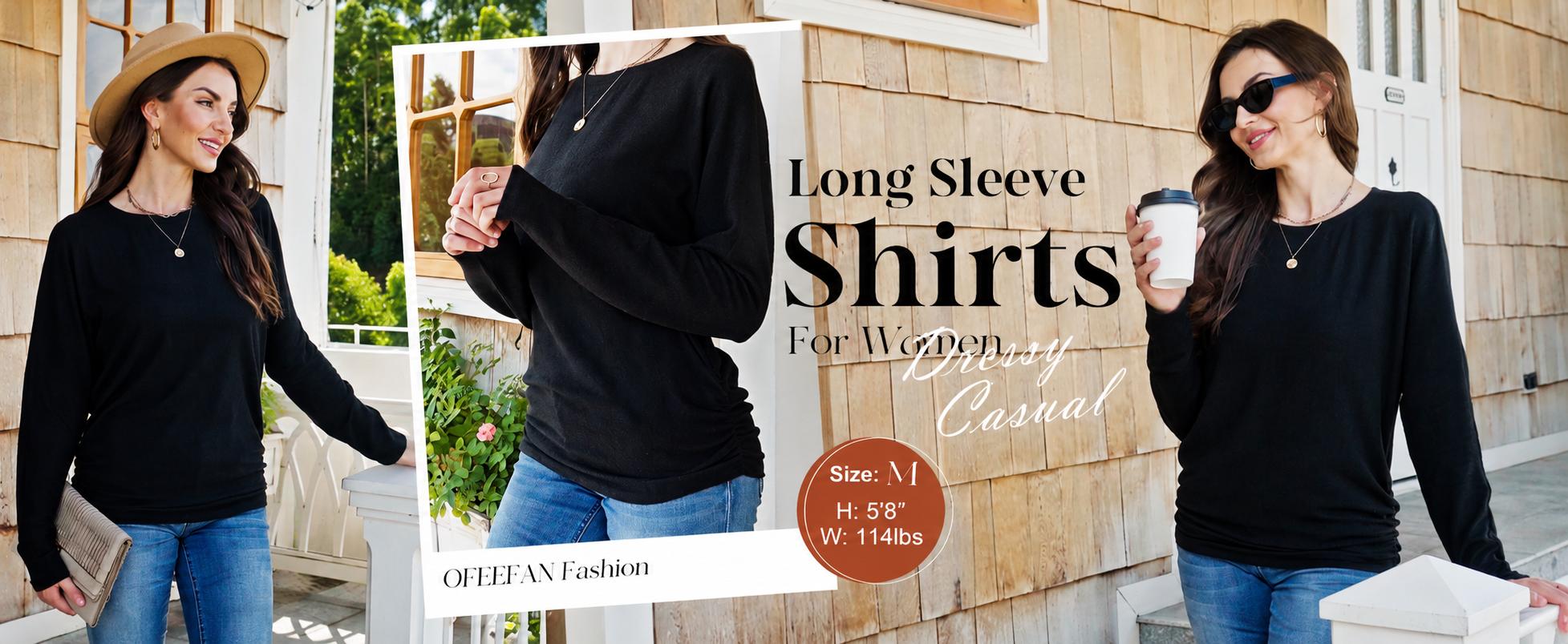 OFEEFAN  Womens Long Sleeve Shirts Ruched Hem Fall Tops Lightweight Sweaters