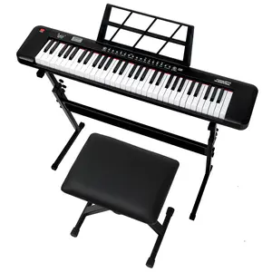 GEP-109 61-Key Lighting Keyboard with Piano Stand Bench Built-In Speakers Headphone Microphone Music Rest LED Screen 3 Teaching Modes for Beginners Adults Teens Portable Midi Controller Sheet Music Production Digital