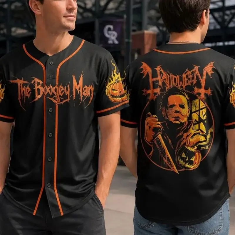 Halloween Horror Baseball Jersey, Boogeyman Inspired Graphic Shirt, Spooky Thriller Sportswear, Unisex Game Day Jersey, Halloween Gift Baseball Jersey