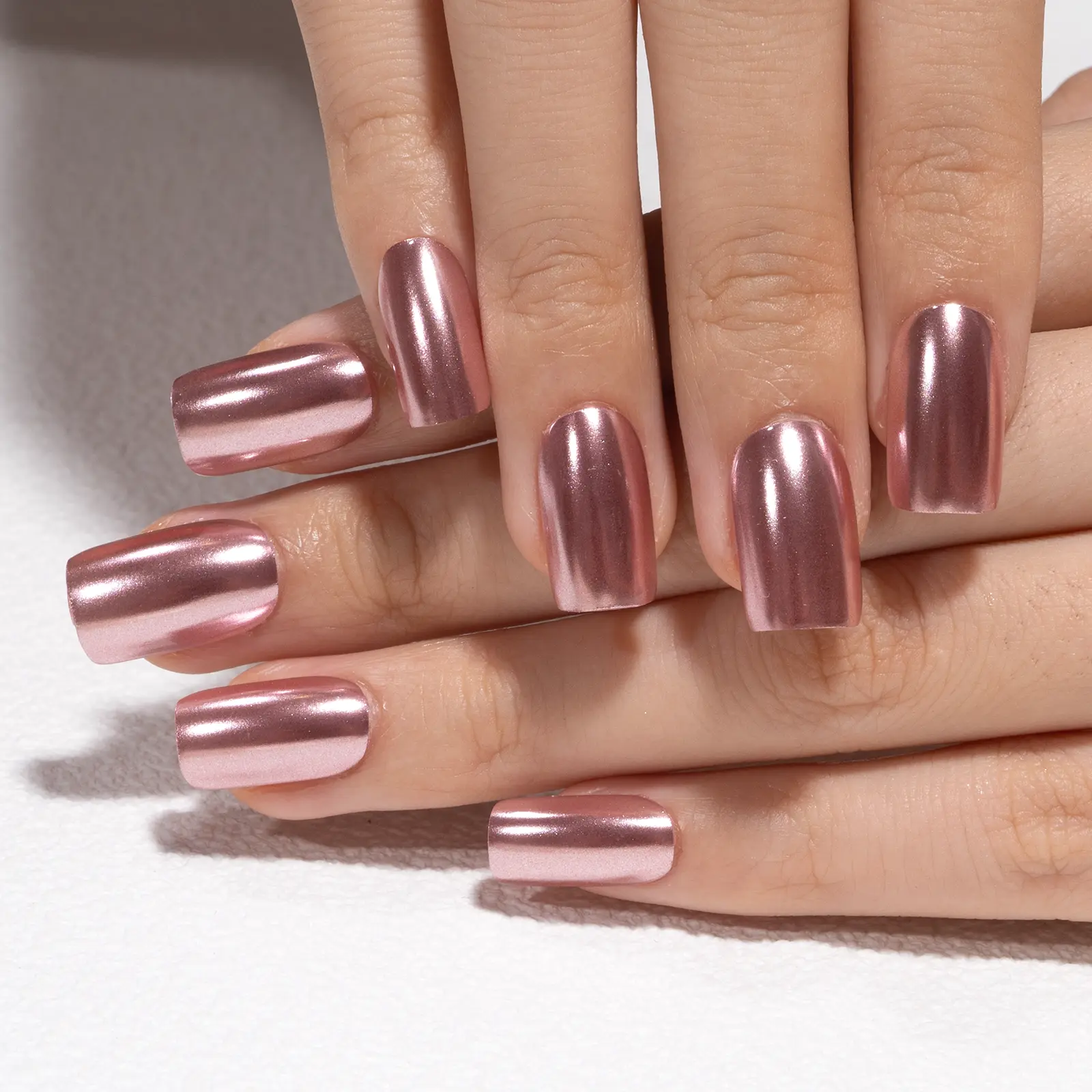 Curvlife medium squoval solid Gel Press On Nails  pink chrome metallic Nail Art 2 Week Wear