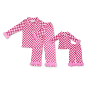 Parent-Child Matching Pajama Outfits, Long-Sleeve Collared Pink Checkerboard Style with Fur Trim, Elegant Glp1256-Kids and Women’s Western Boutique Loungewear Sets