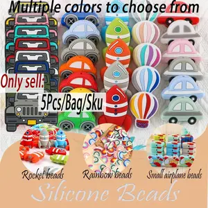5 Piece Silicone Beads Set, Bead Assortment, Car Airplane Rainbow Rocket Beads, DIY Jewelry Making Keychain Necklace Bracelet Accessories