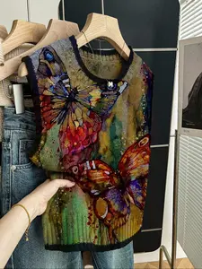 Women's Casual Loose-Fitting Round Neck Sleeveless Knit Top, Colorblock Butterfly Print, Fall, All-Season Wear