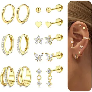 Cute 8 Pairs Golden Silvery Stud Hoop Earrings for Women Men Elegant Copper Surgical Steel Flat Back Hypoallergenic Earrings Classic Helix Tragus Conch Cartilage Piercing Jewelry Set