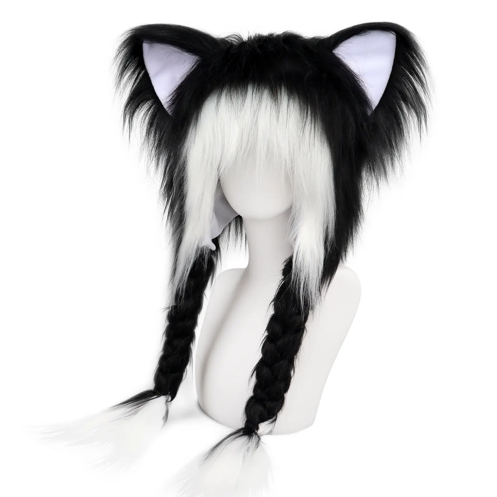 Y2K Aesthetic Anime Inspired Cute Cat Ears Plush Hat with Braids Winter Warm Fluffy Ear Protective Hat for Halloween Cosplay Carnival Easter Costume