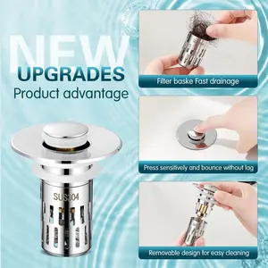 Bathroom Sink Drain Strainer - 3 In 1 Removable Stainless Steel Hair Basket Stopper Plunger Filter - Isolate Odor Pop Up Sink Drain Filter