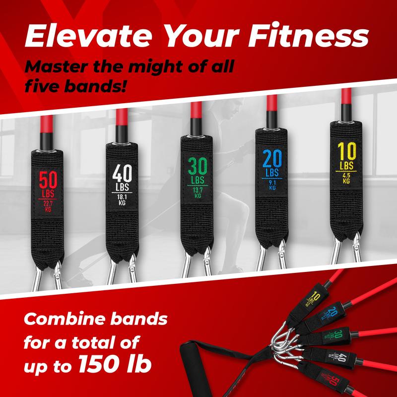 ASU Trainer Resistance Tube Bands Set with Handles, Ankle Straps and Door Anchor - 5 Levels of Toughness - 150 lbs Elastic Resistance Band Set