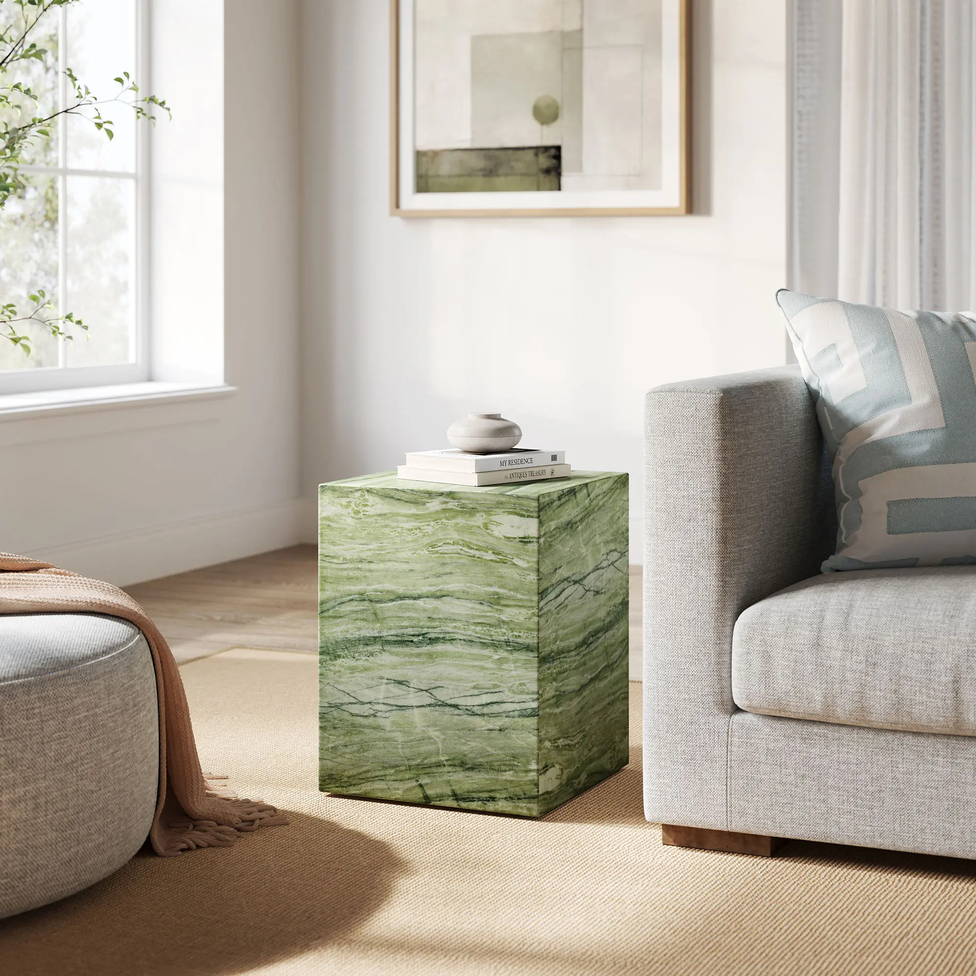 Jordana Square Plinth Indoor - Outdoor Patio Concrete Side Table in Green Marble