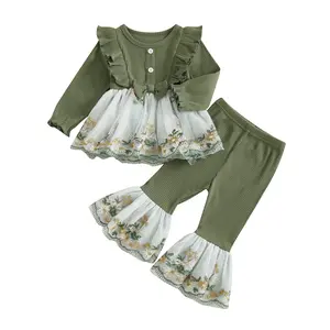 Toddler Baby Girl Fall Winter Outfits Flower Embroidered Long Sleeve A Line Tops and Bell Bottoms 2 Pcs Set