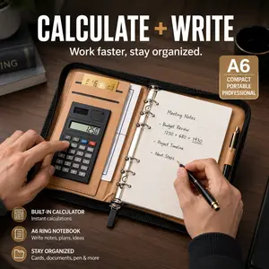 A5 Zipper Budget Binder Planner with 8-Digit Calculator, PU Leather Loose Leaf Notebook Portfolio with 6-Ring Binder, Card Slots, Pen Holder & Cash Envelope Organizer, Business Office Notepad for Budgeting, Bill Planning, School, Travel, Home & Work
