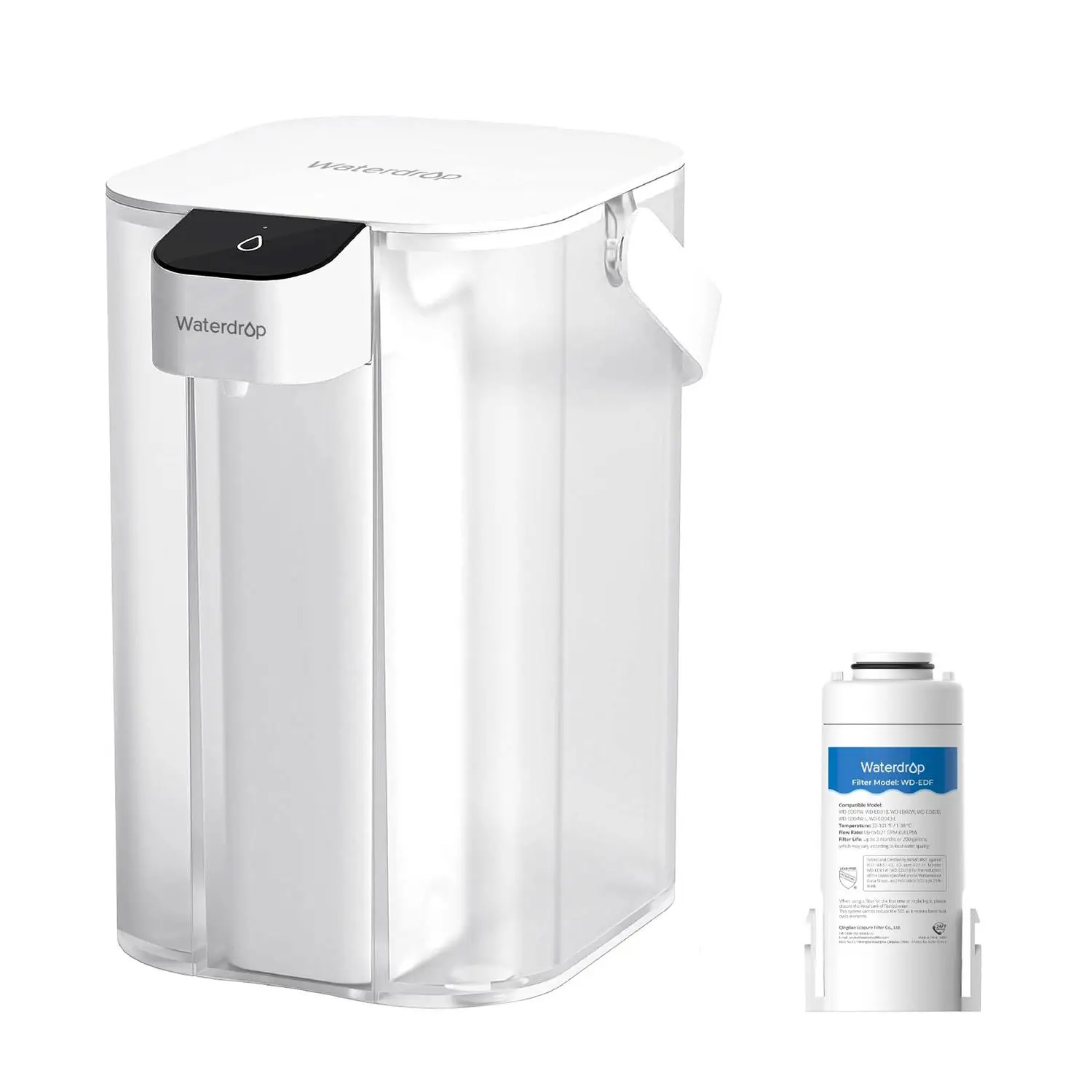 Waterdrop Electric Water Filter Pitcher, 200-Gallon Countertop Water Purifier, NSF Certified, Reduce Chlorine, Lead, PFAS, 15-Cup, with 1 Filter