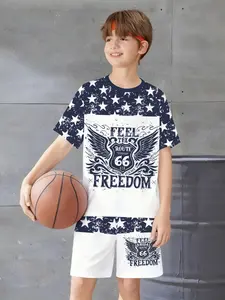 Boys' American Retro Basketball Suit Set, Star Print Short Sleeve Shorts Two-Piece, Casual Slim-Fitting Kids Clothing