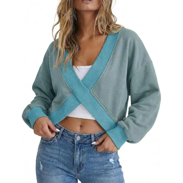 FISOEW Women's Sweatshirt, Soft V-Neck Cropped Pullover Top with a Crisscross Wrap Hem, Oversized Long Balloon Sleeve Loungewear, Long Sleeve