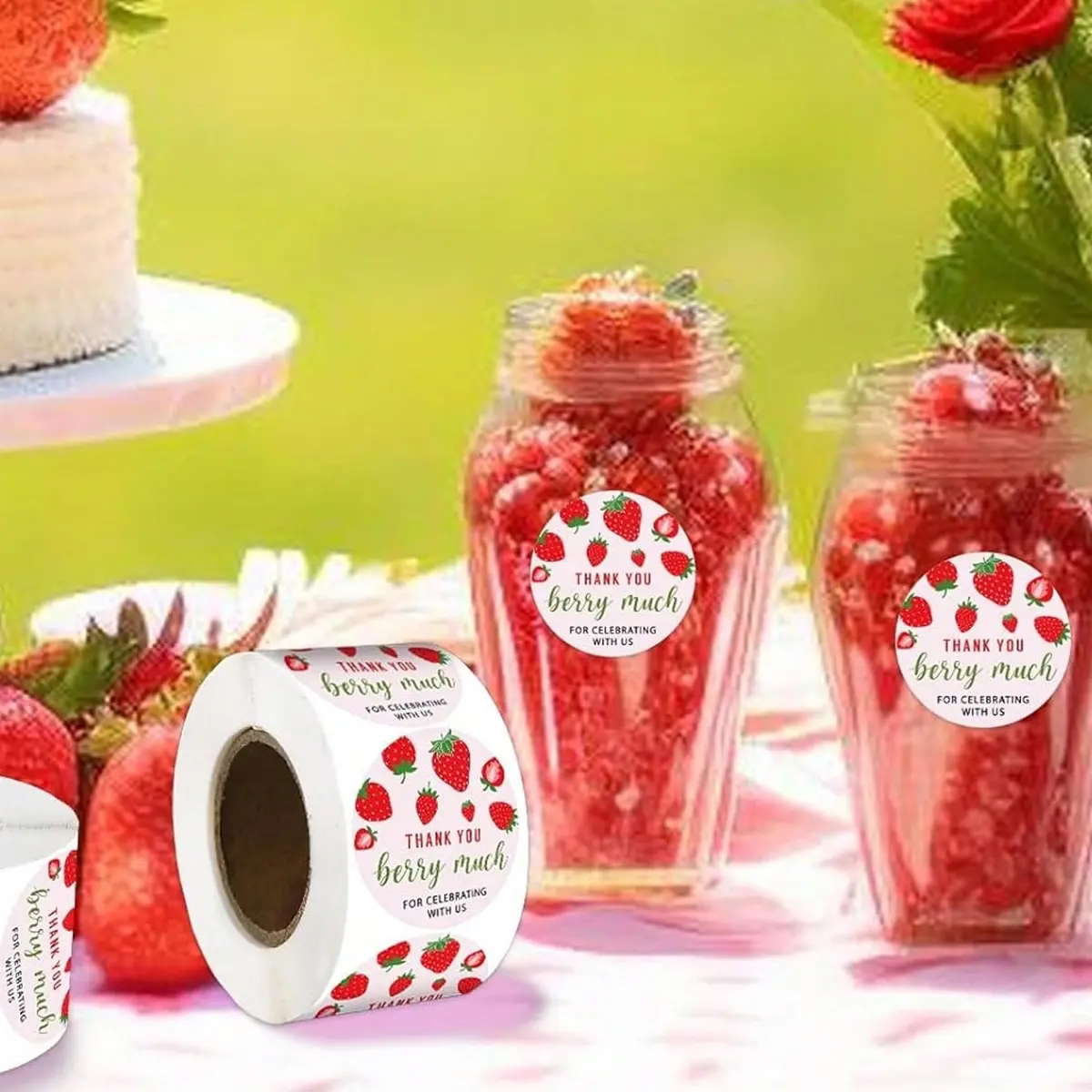 Strawberry Thank You Stickers (500 Pcs Per Roll), Fruit Decorative Sealing Stickers for Birthday Gifts, Party Cake Decoration, Adhesive Labels, Sticky Labels, Sticker Decals, Rolls Labels