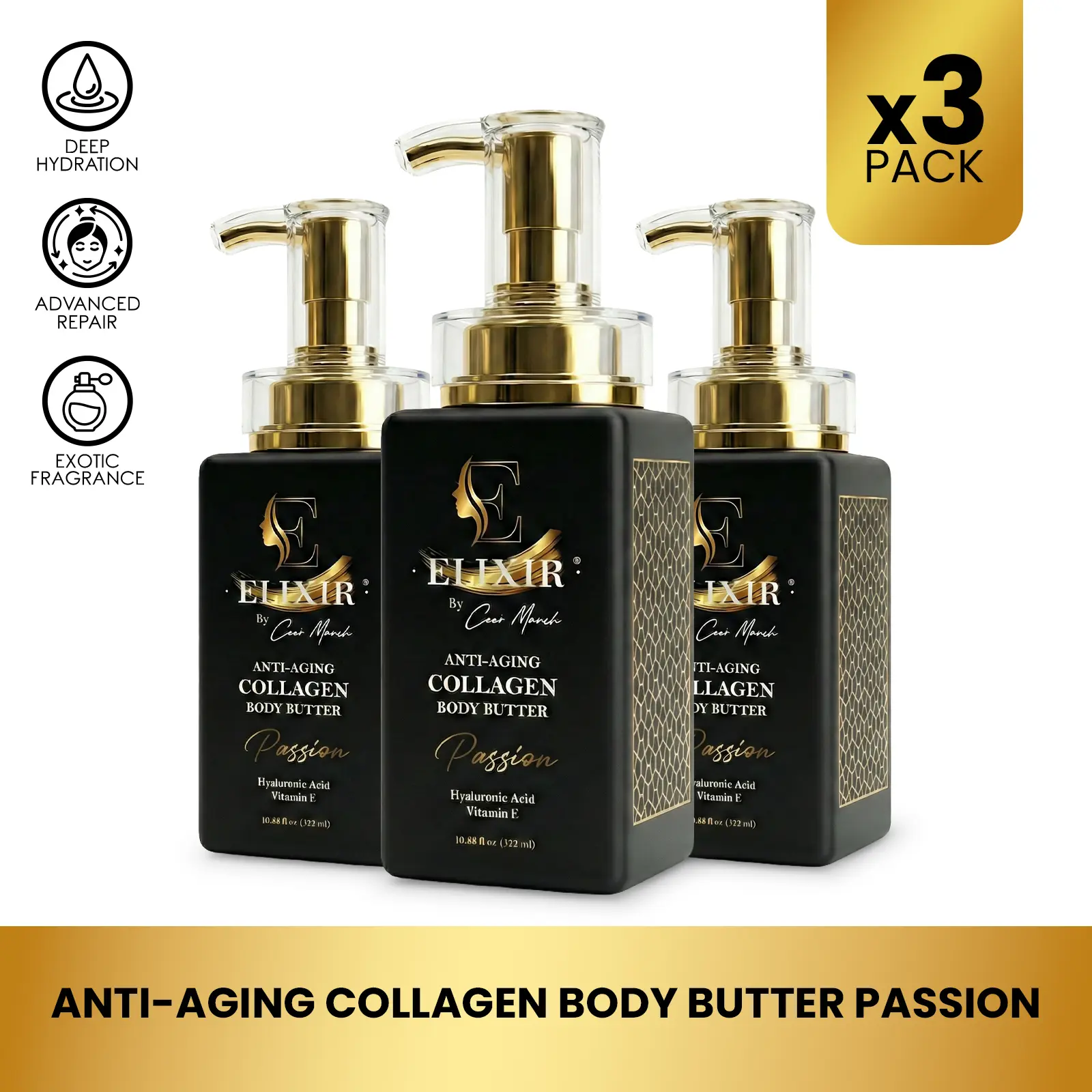 3 Bottles of Elixir by Cocó March Passion Body Butter Cream, Moisturizing Body Lotion for All Skin Types - 8.5 fl oz (250ml) Hydrating Skin Care