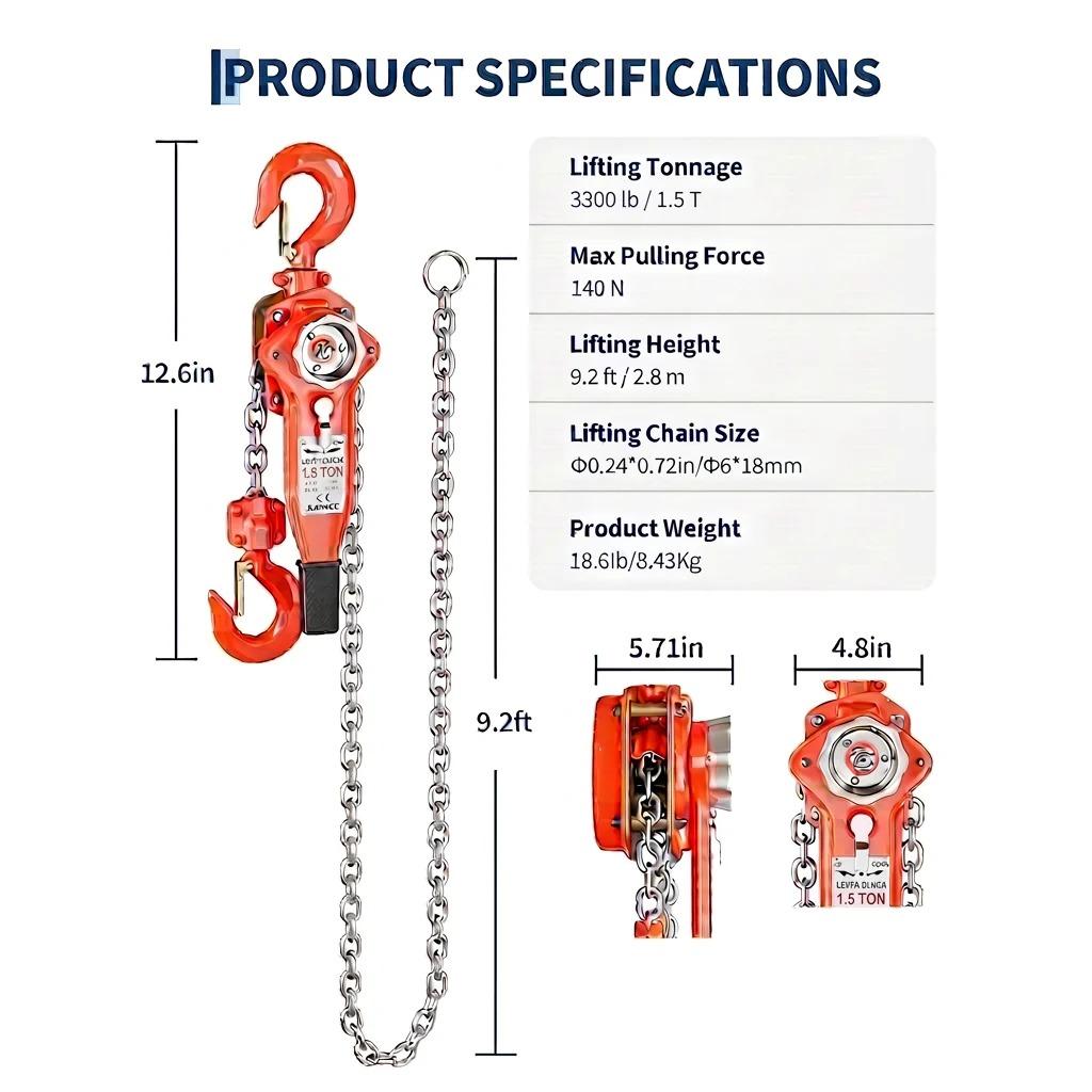 [NEW - FLASH SALE] Garvee Manual Lever Chain Hoist – 1.5 Ton (3300 lbs) Capacity, 10 ft Lift – G80 Galvanized Steel Chain, Weston Double Pawl Safety Brake, 360° Swivel Hooks, Portable Heavy Duty Lifting Hook for Garage, Factory, Dock, Warehouse