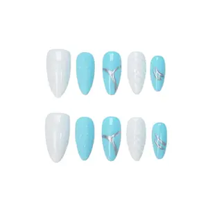 Blue White 3D Press On Nails Medium Almond, 3D Shell Mermaid Raindrop Handmade Gel Acrylic Nails 10pcs with Hand Drawn Silver Lines (Mermaid Tears, Size M)