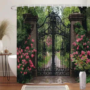 1Pc Floral Garden Shower Curtain Pink Hydrangea Flower Decorative Polyester Fabric Bath Screen Hanging Curtain 70.8x70.8 Inch with 12 Hooks for Nature Theme Bathroom Decor