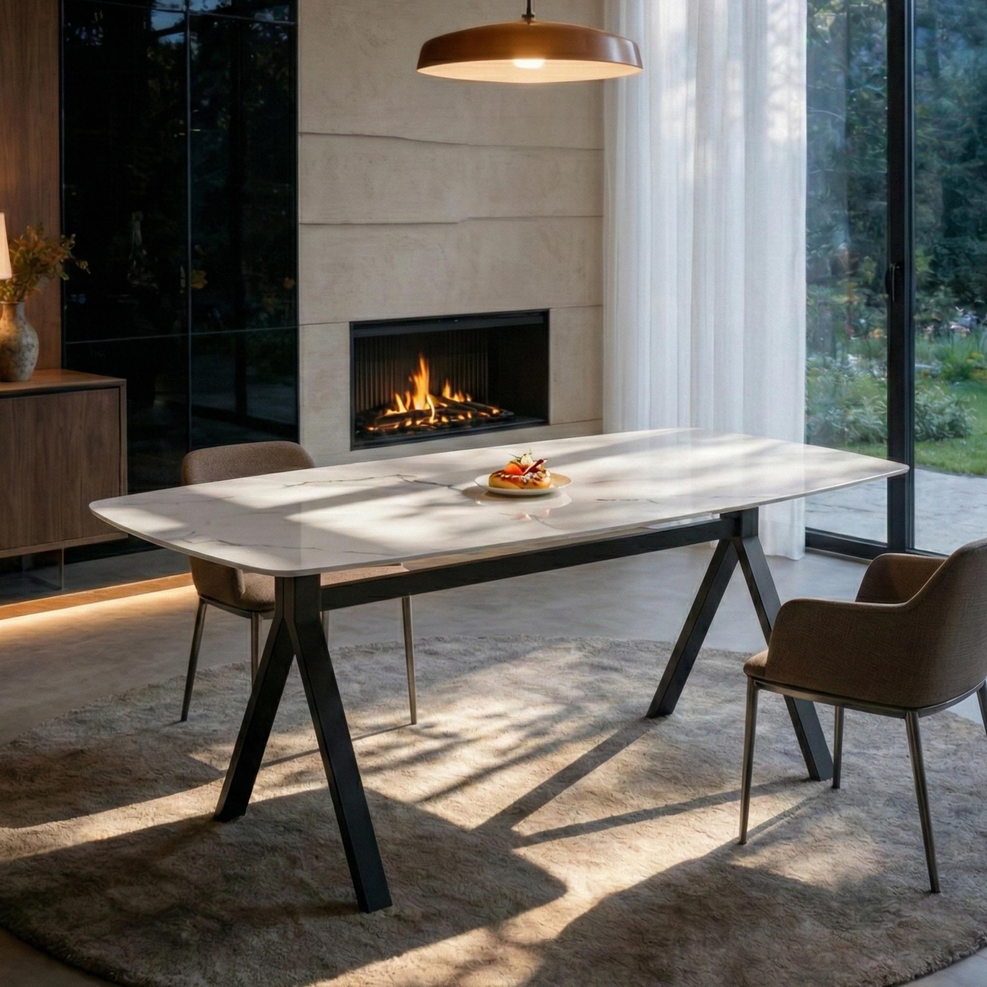 51.2"L x 27.6"W x 29"H Rectangular Dining Table – Tempered Glass Marble-Pattern Top & Metal Legs for Kitchen, Living Room, Restaurant