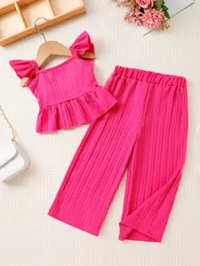 Girls' Ruffled Sleeve T-Shirt + Wide Leg Pants Set, Striped Sets Casual Comfortable, 3-8 Years, Perfect for Holidays