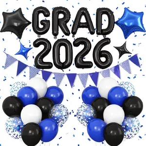 Graduation Decorations 2026 Blue Black, GRAD 2026 Foil Balloons Banner with Royal Blue White Confetti Balloon Star Balloon Pennant Banner for Class of 2026 Graduation High School College Party Decor