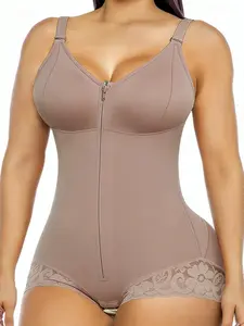 1 Count Women's Solid Color Elegance Adjustable Strap Bodysuit Underwear, Fajas, Colombiana Shapewear, Front Zipper Closure with Built Bra Shapewear, Lace Trim Anti-Slip Jumpsuit, Suitable for Parties & Daily Leisure & Party Wear
