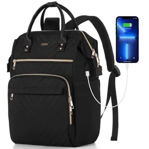 Black Chevron Quilted Multi-Functional Backpack, USB Charging & Multi-Compartment for Business & Maternity Use
