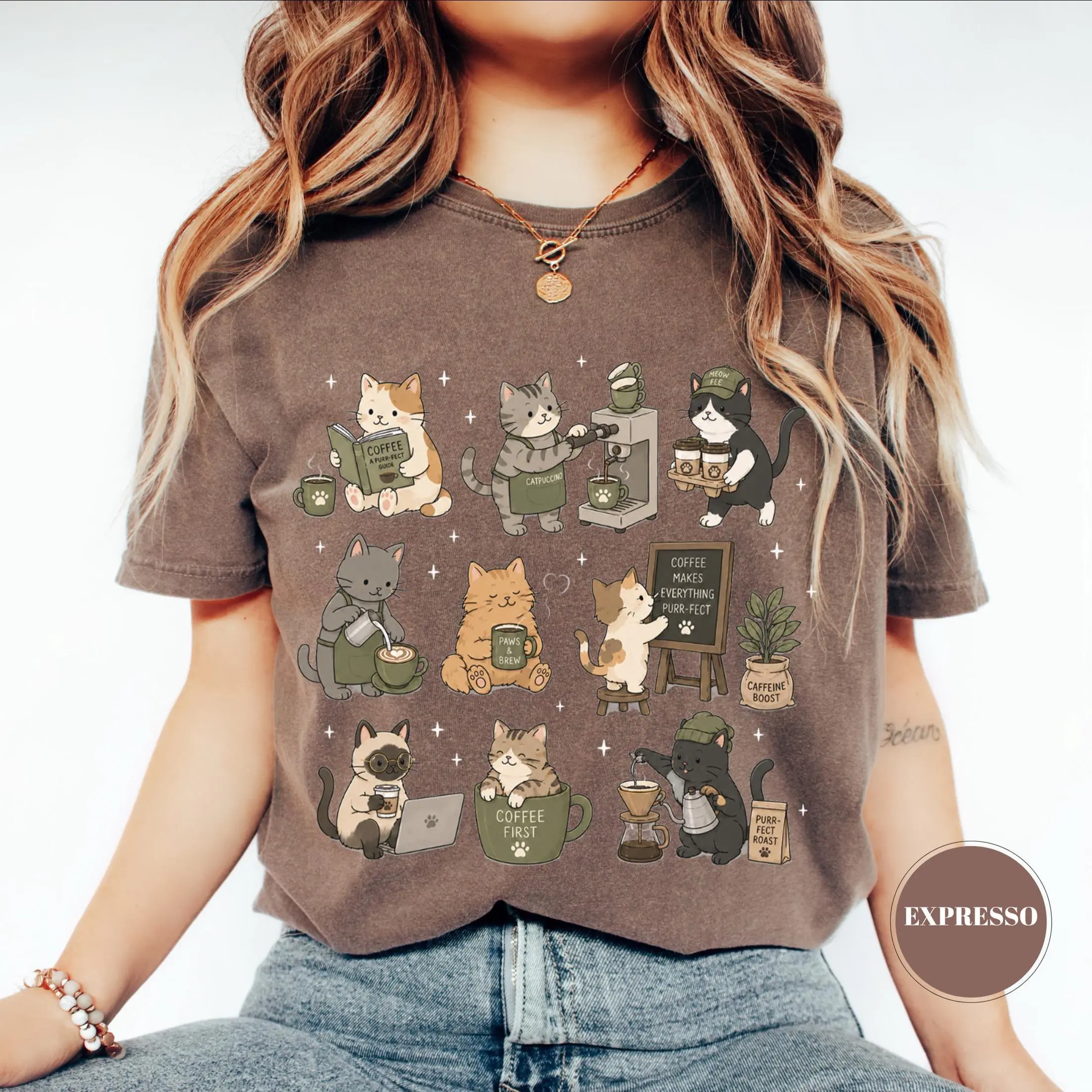Women's Cotton Coffee Cat T-Shirt - Comfortable Breathable Casual Fabric, Catpuccino Espresso Lover Gift, Kawaii Kitten Barista Cottagecore Caffeine Cat Mom Latte Top, Fit, Outfits