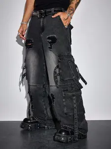Trendy Vintage Distressed Workwear Jeans, American High Street Streetwear Multi-Pocket Wide Leg Straight Pants, Fashionable Long Trousers for Men