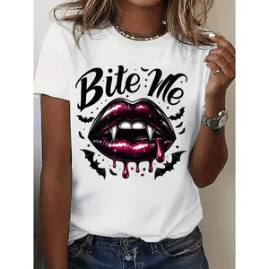 Gothic Vampire T-Shirt Featuring Bite Me Vampire Lips and Bat Wing Print White Crew Neck Ideal for Casual Wear and Costume Celebrations