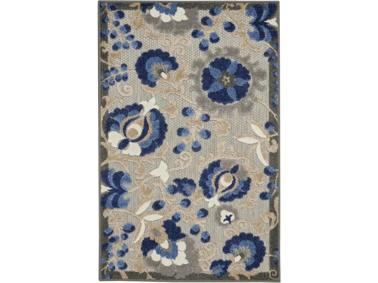 212 MAIN 3x4 ft Natural & Blue Flatweave Decorative Area Rug - Floral Motif Modern Piece for Contemporary Home Decor, Indoor Outdoor Use on Patio/Poolside, 1" h x 32" w x 48" d Blue Accent