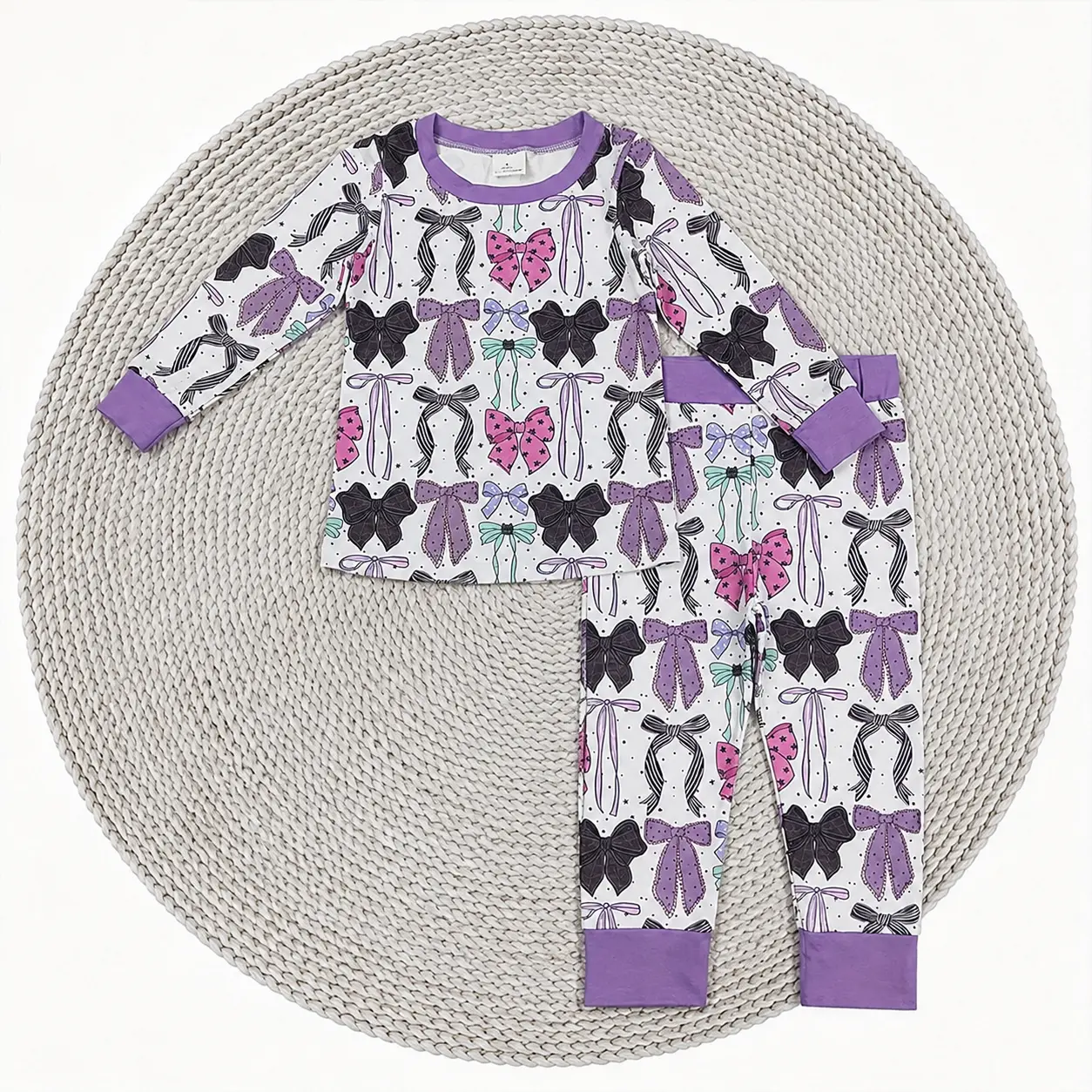 Girls Long Sleeve Bow Print Cotton Pajama Set – Soft Breathable Two-Piece Sleepwear with Stretch Cuffs for Toddlers and Kids