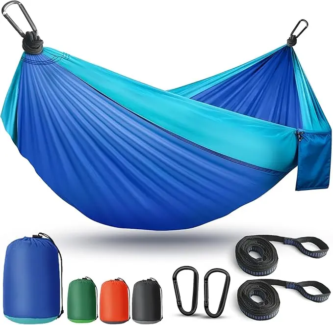 Camping Hammock Lightweight, Portable Hammocks Parachute Hammock with Two Tree Straps, Single or Double Travel Swing Nylon Camp Hammocks,  Blue