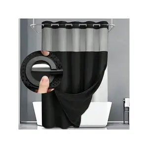 1PC Waffle Double Woven Shower Curtain, No Hook, Clear Top Window Hookless Shower Curtain With Snap Lined Waffle Shower Curtain Hotel Style Double Layer Machine Washable And Easy To Clean Bathroom Partition 72" X 75". Hanging Black