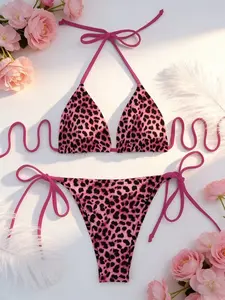 Pink Leopard Print Halter Bikini Set Sexy Side Strap Swimsuit Spicy Style Beach Vacation Women'S Split Swimsuit