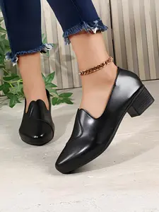 Women's Pointed Toe Chunky Heel Loafers, Elegant Slip-On Dress Shoes, Comfortable Office Professional High Heels